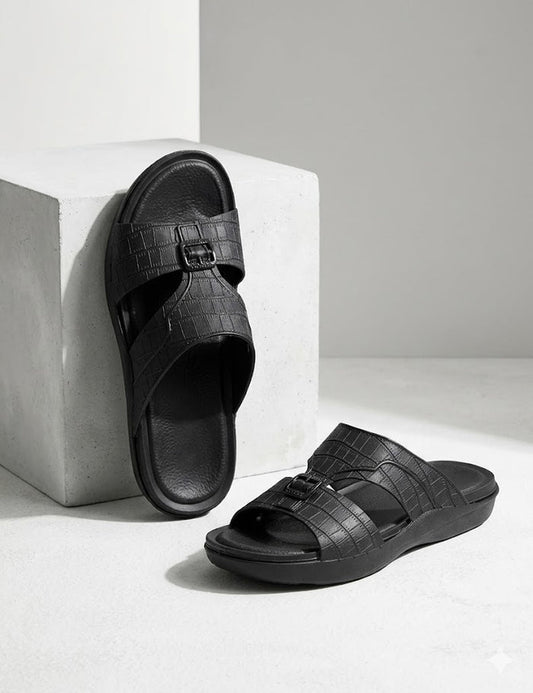 Men’s Black Croc-Embossed Buckle Slide Slippers