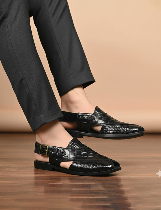 Men’s Black Crocodile-Texture Leather Peshawari