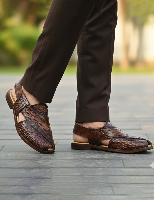 Men’s Brown Crocodile-Texture Leather Peshawari