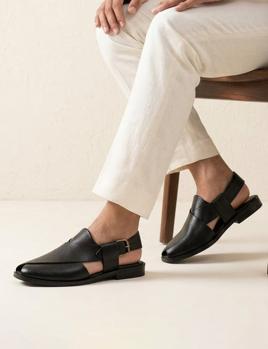 Men's Modern Peshawari Sandals in Textured Black Leather