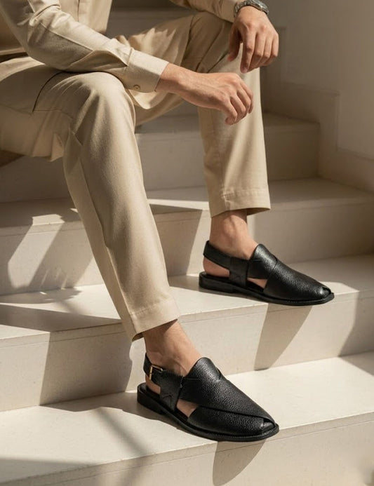 Men's Modern Peshawari Sandals in Textured Black Leather