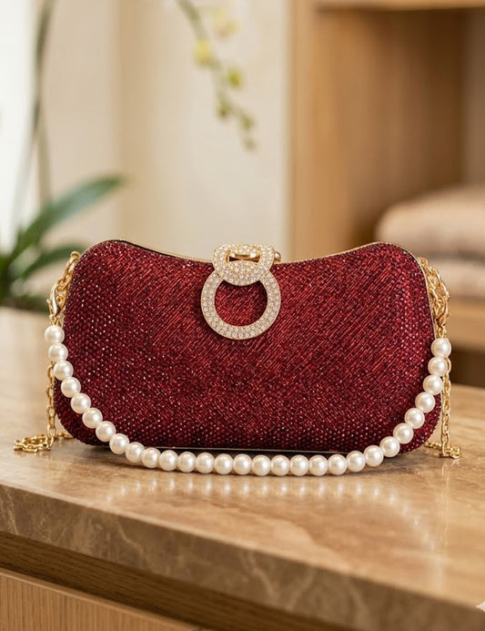Midnight Sparkle Rhinestone Evening Clutch with Faux Pearl Crossbody Strap