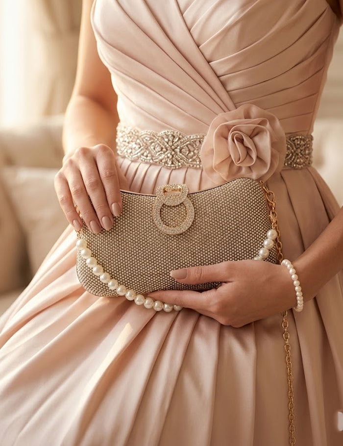 Midnight Sparkle Rhinestone Evening Clutch with Faux Pearl Crossbody Strap