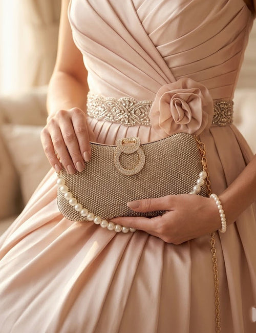 Midnight Sparkle Rhinestone Evening Clutch with Faux Pearl Crossbody Strap