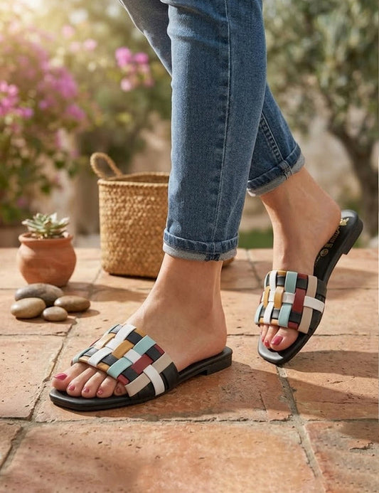 Multi-Colored Woven Flat Slide Sandals - Chic Casual Slip-On Mules