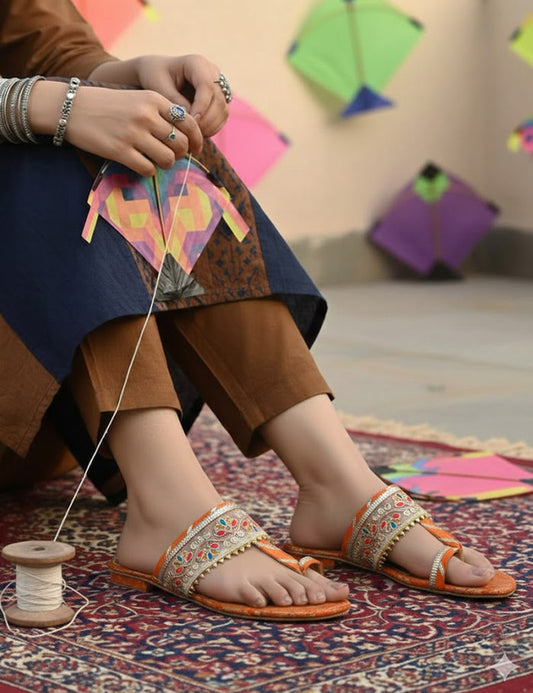 Orange Fancy Kolhapuri Chappal