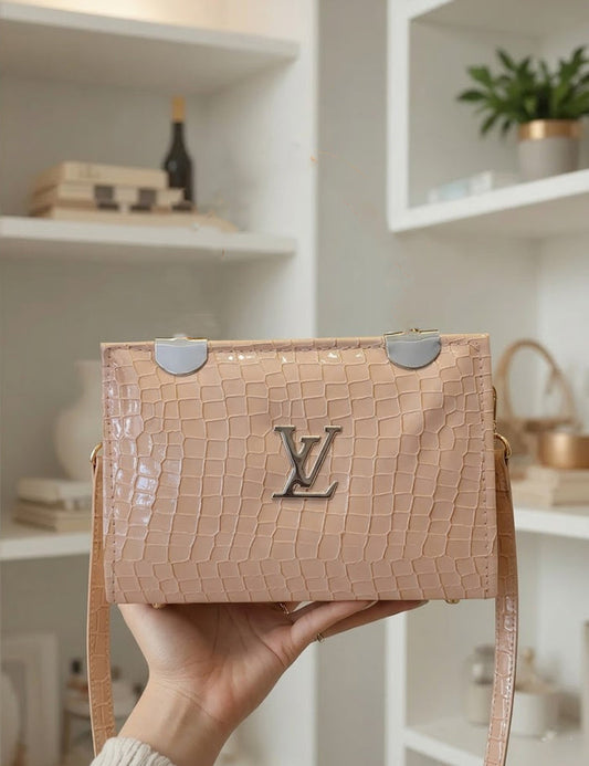 Peach Croc-Print Fashion Handbag | Gold Logo Detail Top Handle