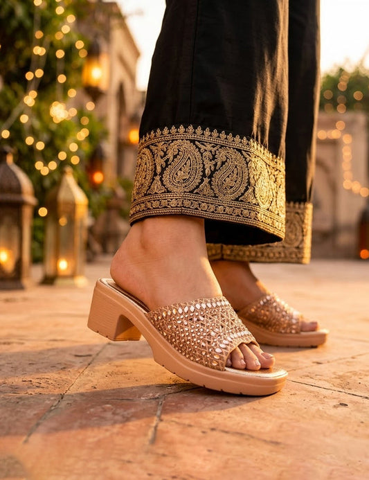Peach Crystal-Embellished Heels – Comfort Platform Mule Sandals