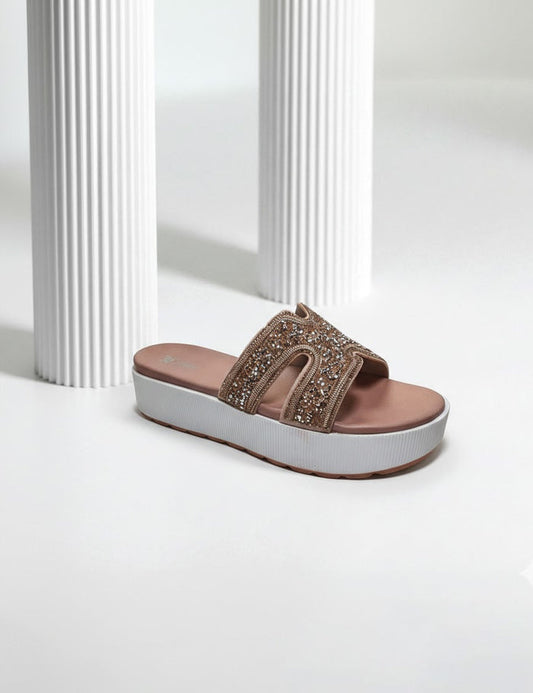 Peach Glitter Block Heel Mules – Sparkly Square Toe Slip-On Sandals
