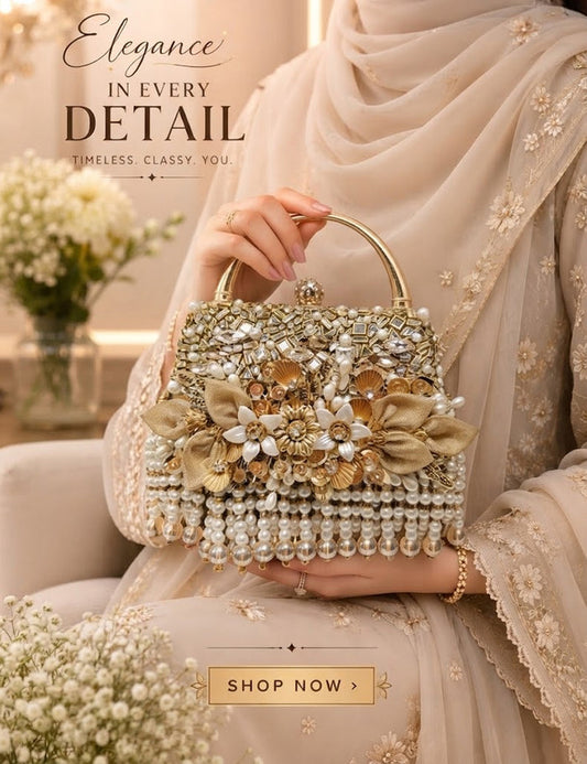 Pearl Beaded Floral Clutch – Gold Embellished Evening Bag