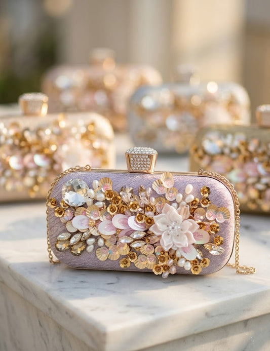 Pink Floral Evening Clutch with Crystal & Pearl Embellishment