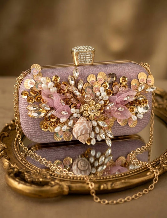 Pink Floral Evening Clutch with Crystal & Pearl Embellishments