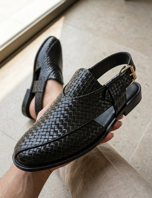 Premium Black Leather Snap-Buckle Peshawari