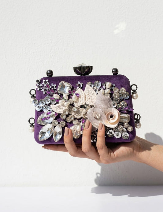 Purple Velvet Floral Evening Clutch with Crystal & Pearl Embellishments