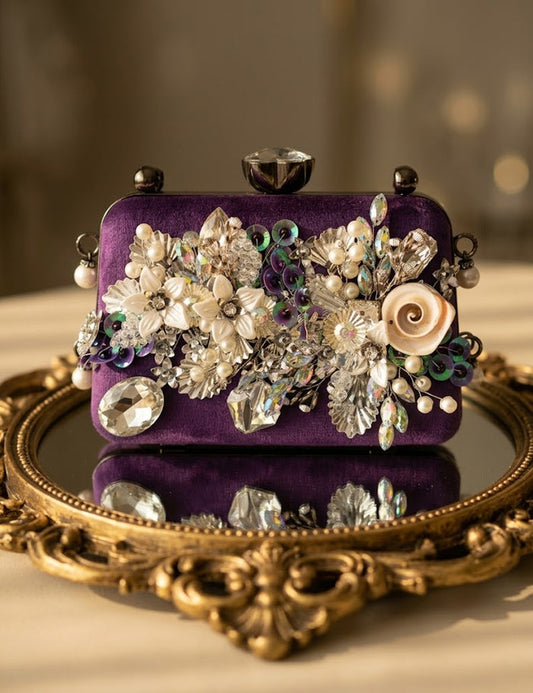 Purple Velvet Floral Evening Clutch with Crystal & Pearl Embellishments