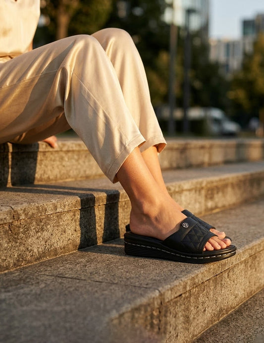 Quilted Comfort Slides Slippers (Black)