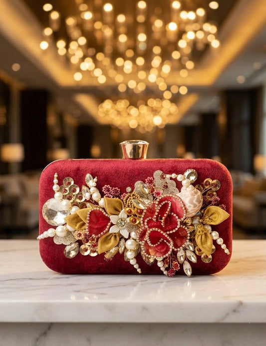 Red Floral Evening Clutch with Crystal & Pearl Embellishment