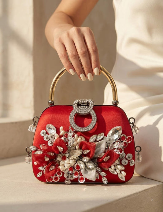 Red Floral Evening Clutch with Crystal & Pearl Embellishment