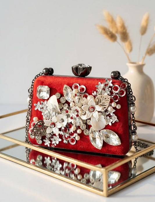 Red Floral Evening Clutch with Crystal & Pearl Embellishments