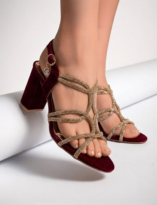 Red Rhinestone Strappy Block Heels – Elegant Evening Sandals