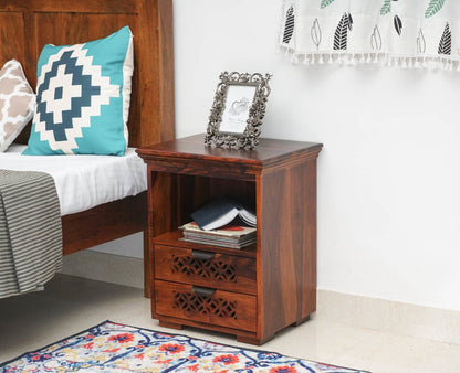 Rome Solid Two Drawer Bedside Table with open Shelve - Bedside Table - Furniselan-Maple-Finish