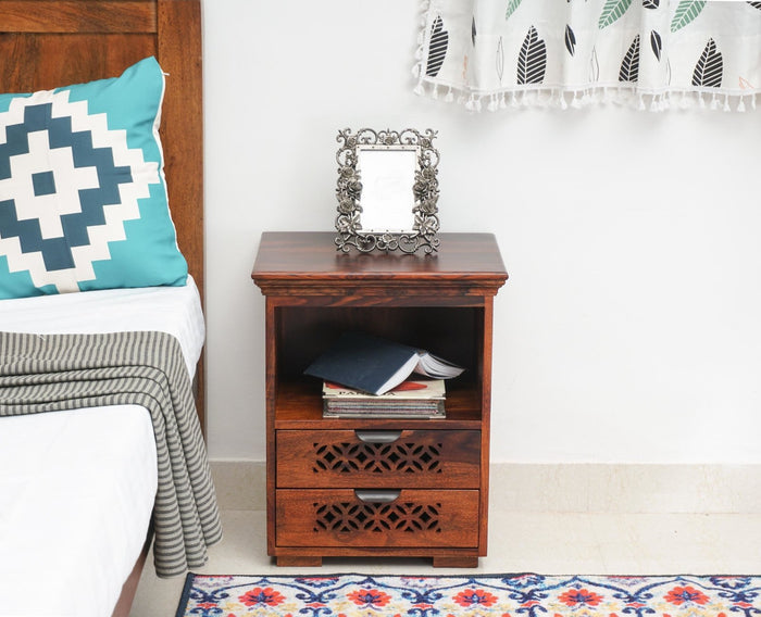 Rome Solid Two Drawer Bedside Table with open Shelve - Bedside Table - Furniselan-Maple-Finish
