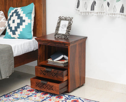 Rome Solid Two Drawer Bedside Table with open Shelve - Bedside Table - Furniselan-Maple-Finish