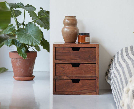 Sidon three Drawer Bedside Table Furniselan-Rustic-Teak-Finish