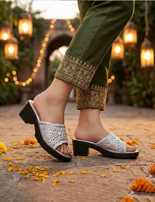 Silver Crystal-Embellished Heels – Comfort Platform Mule Sandals