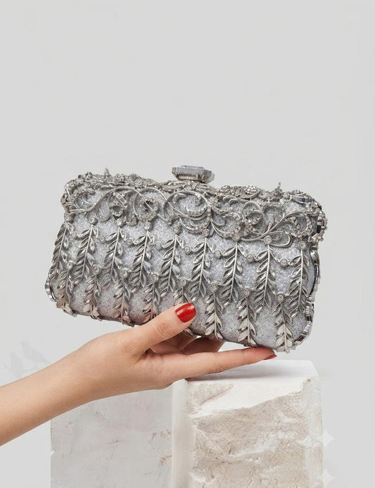 Silver Crystal Embellished Statement Clutch – Luxury Evening Handbag