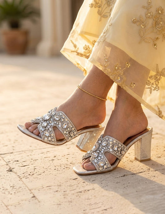 Silver Crystal Slip-On Heels – Statement Sandals