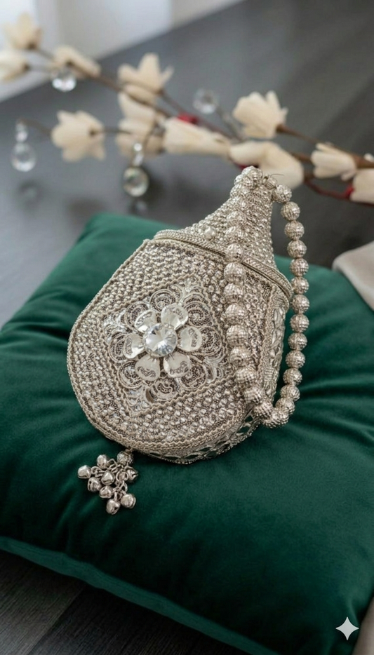 Silver Filigree & Mirror Embellished Handcrafted Clutch