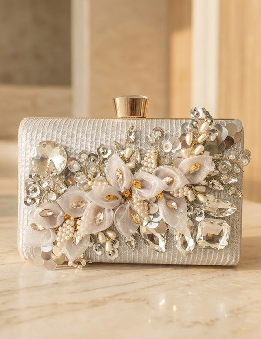 Silver Floral Evening Clutch with Crystal & Pearl Embellishment
