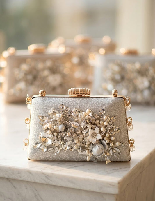 Silver Floral Evening Clutch with Crystal & Pearl Embellishments