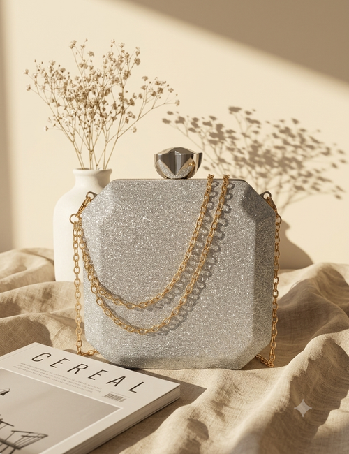 Silver Glam Evening Bag – Rhinestone Frame Clutch