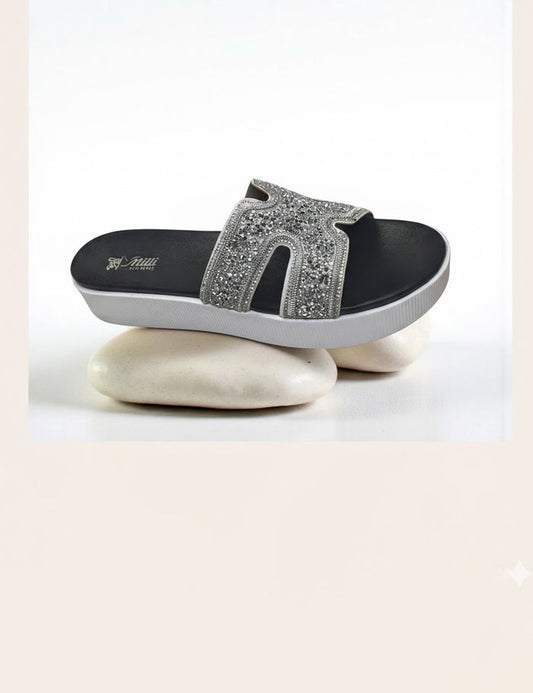 Silver Glitter Block Heel Mules – Sparkly Square Toe Slip-On Sandals