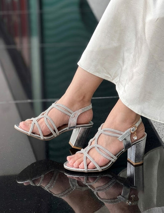 Silver Metallic Rhinestone Strappy Block Heels – Elegant Evening Sandals