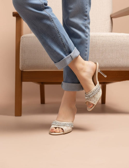 Soft-Beige Lace Heels – Jeweled Edge for Special Occasions