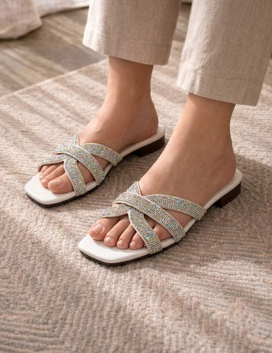Sparkly Criss-Cross Flat Slides – Chic Embellished Summer Sandals