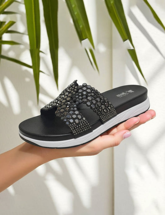 Starlight Black Shimmer Block Heels - Elegant Evening Slip-On