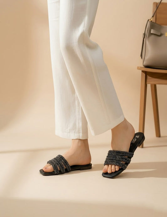 Summer Glamour: Black Embellished Flat Slippers