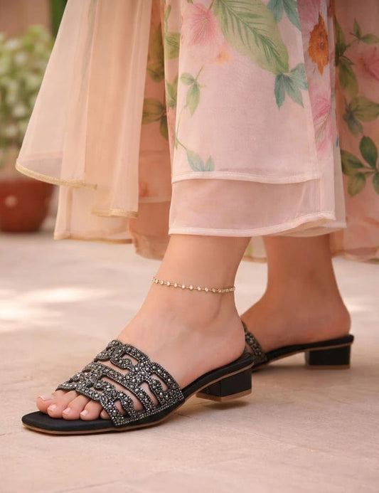 Summer Glamour: Black Embellished Flat Slippers