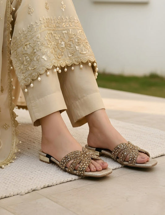 Summer Glamour: Golden Embellished Flat Slippers