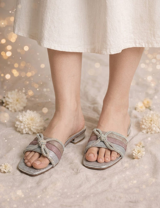 Summer Glamour: Silver Embellished Flat Slippers