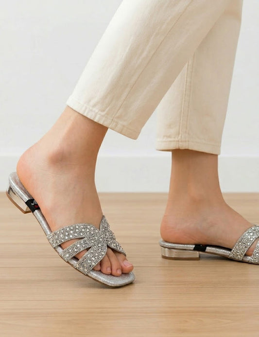 Summer Glamour: Silver Embellished Flat Slippers