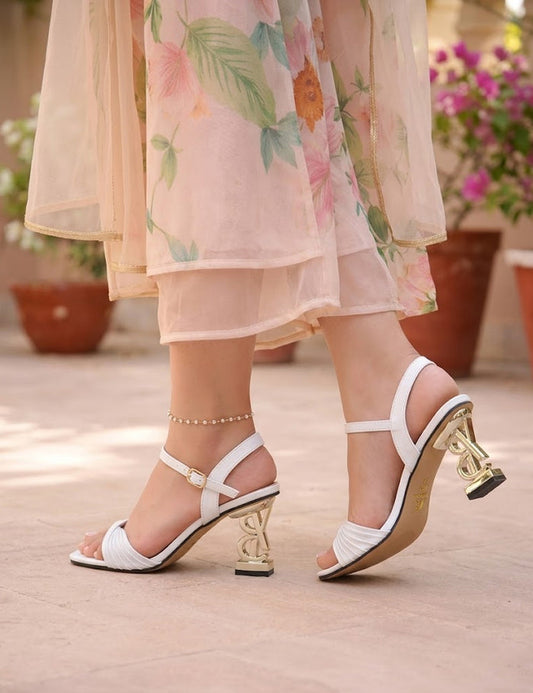 White Ankle-Strap Sandals with Signature Gold Sculpted Heel