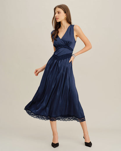 Blue V Neck A-Line Sleeveless Midi Dress