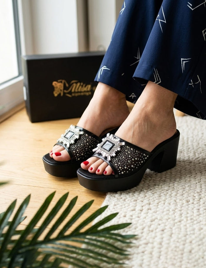 Women’s Black Crystal Detail Platform Slides