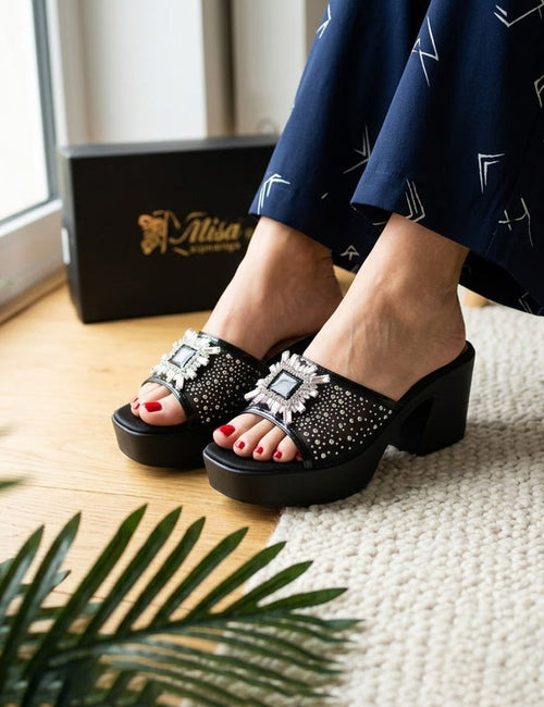 Women’s Black Crystal Detail Platform Slides