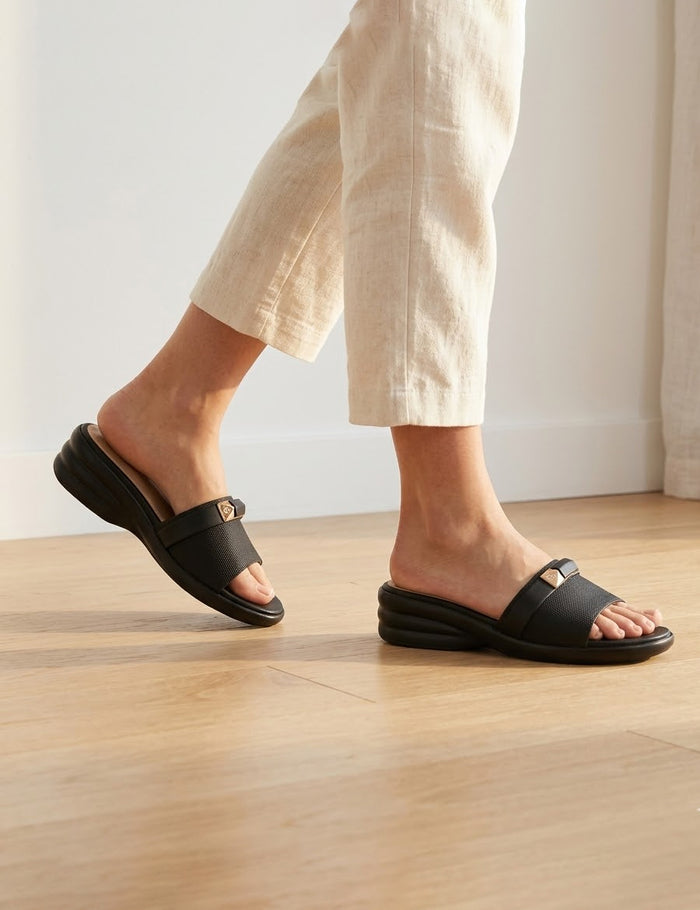 Women’s Black Strap Slide Slippers with Cushioned Footbed